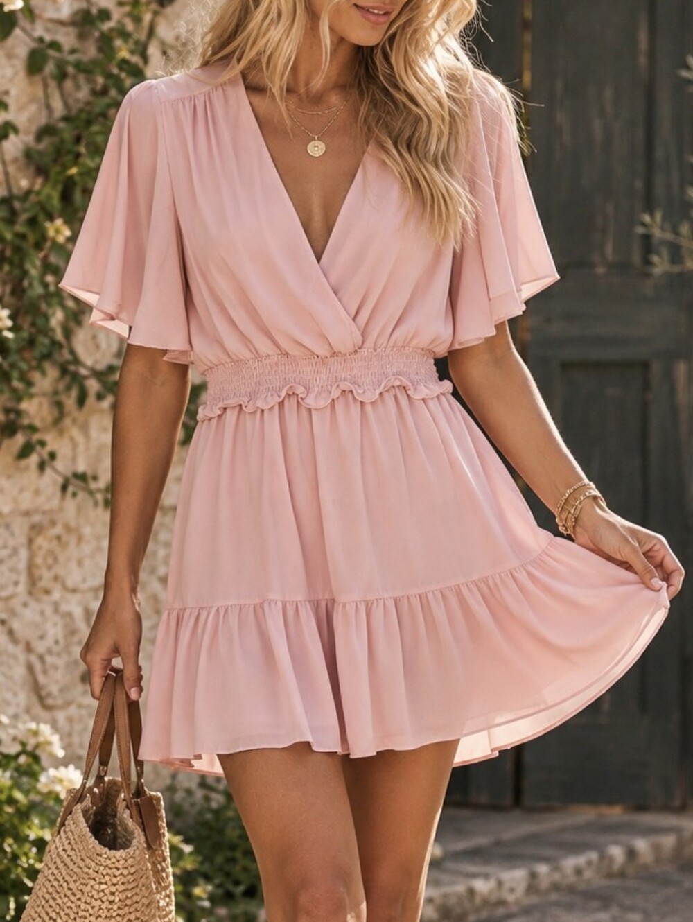 Amanda Uprichard Blush Pink Ruffle Flutter Sleeve Mini Dress XS